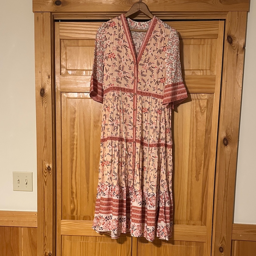 Blush Pink and Rust Floral Midi Dress